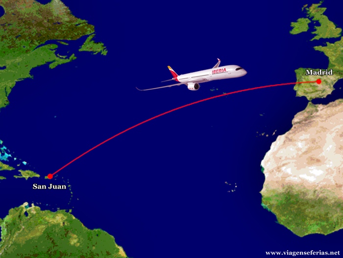Rota entre Madrid e San Juan (Porto Rico) pela Iberia