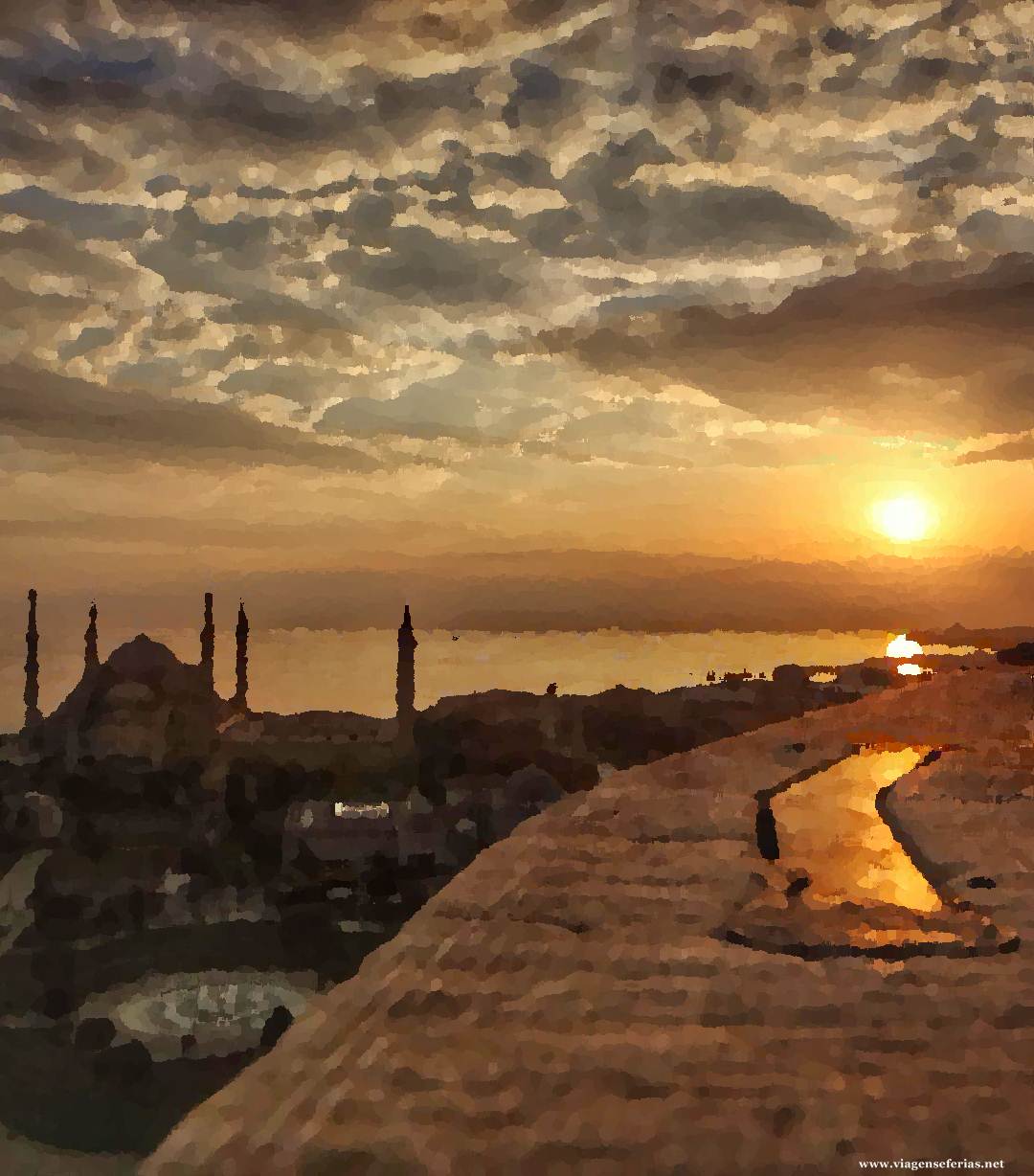 Pintura a óleo do Bósforo ao anoitecer em Istambul