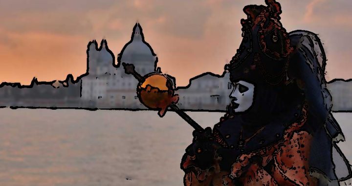 Mascarado durante o Carnaval em Veneza com praça de S. Marcos ao fundo