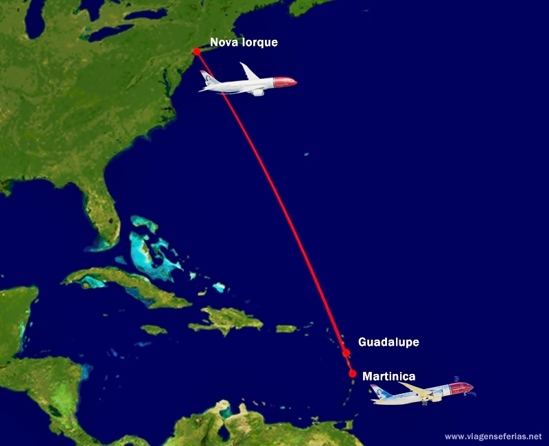 Rota dos voos Norwegian entre JFK Nova Iorque - Martinica e Guadalupe