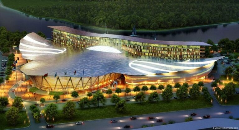 Maquete de vista aérea do Minsk Marriott hotel que abre a 2016