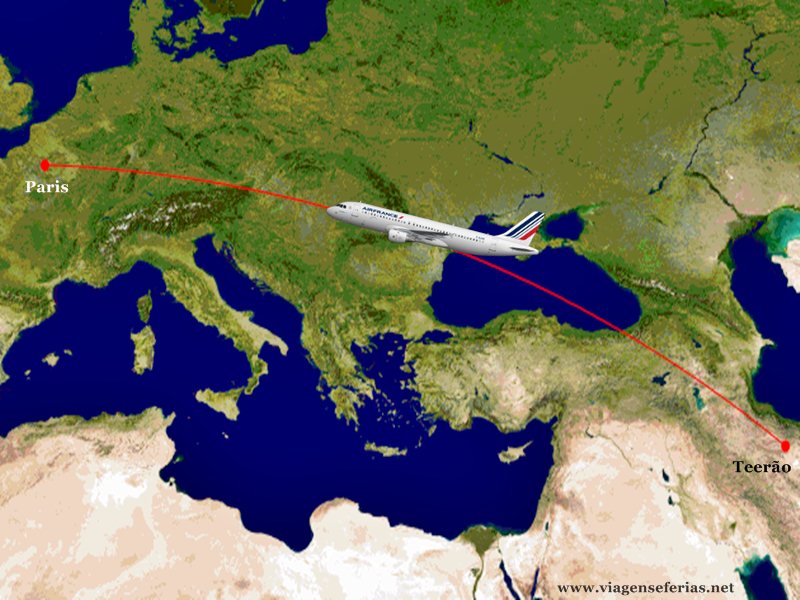 Rota dos voos da Air France entre Paris e Teerão