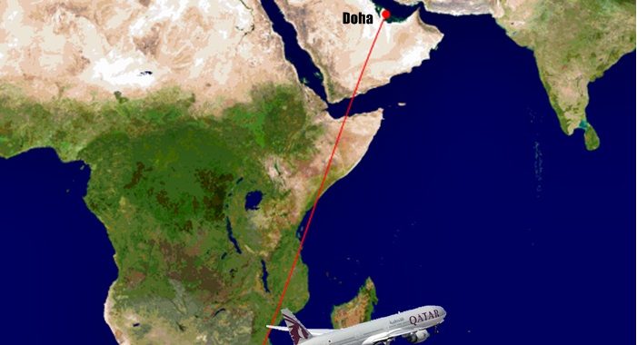 Rota dos voos directos Doha - Maputo pela Qatar Airways