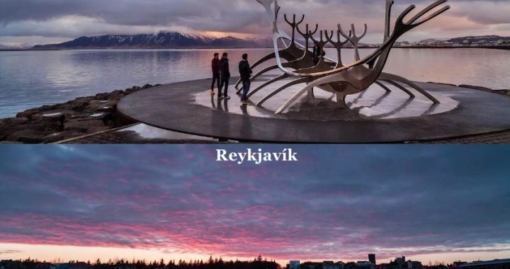 2 imagens da cidade de Reykjavík com as sua beleza natural