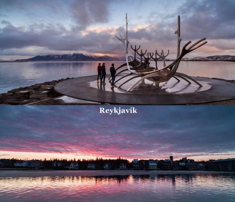 2 imagens da cidade de Reykjavík com as sua beleza natural