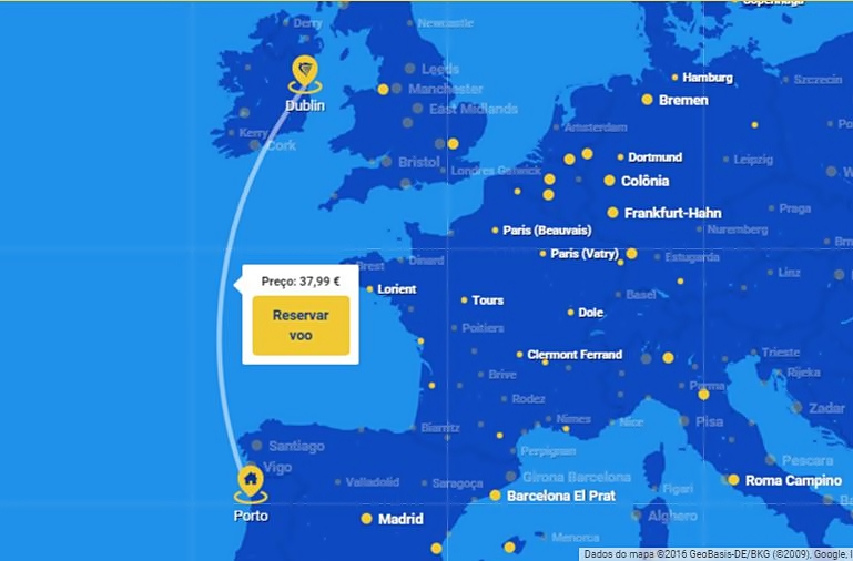rota dos voos Ryanair entre Porto e Dublin desde 37.99€