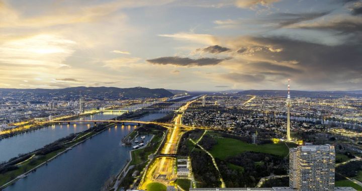 Vista aérea de Viena e do rio Danúbio durante a noite