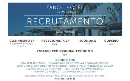 Farol Hotel em Cascais admite recepcionista, cozinheiro e copeiro