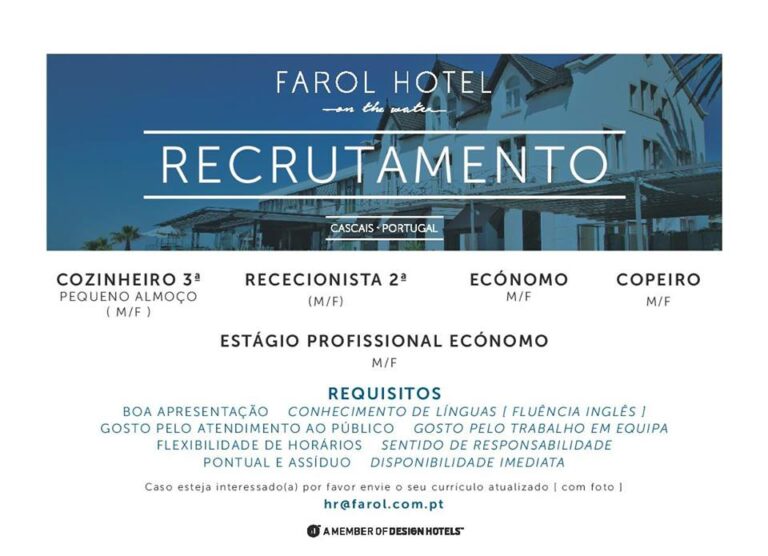 Farol Hotel em Cascais admite recepcionista, cozinheiro e copeiro