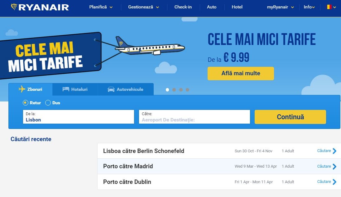 foto do Site na língua romena da Ryanair