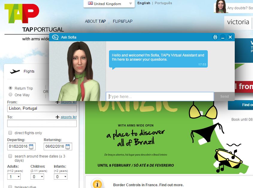 Sofia, assistente virtual da TAP no site versão Reino Unido