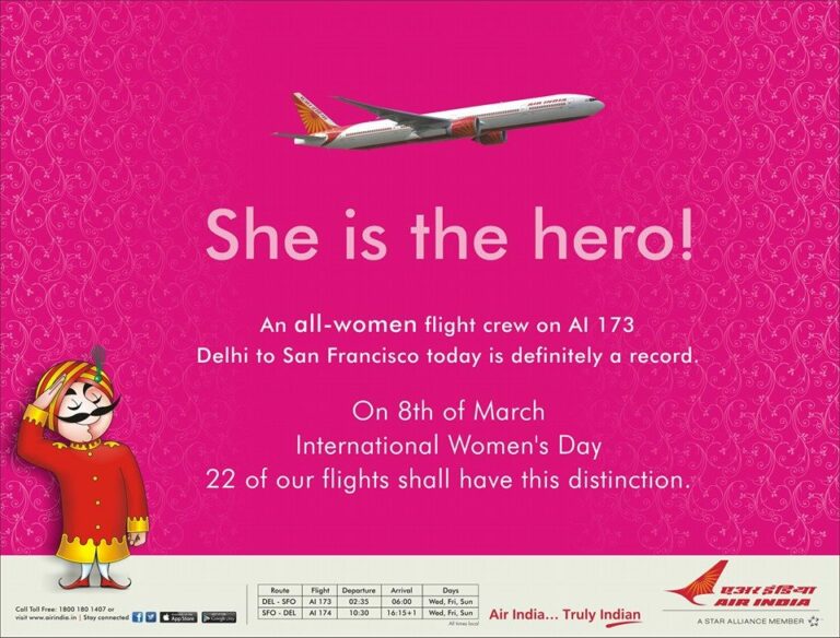 Maior voo só com mulheres pela Air India no dia 8 de março