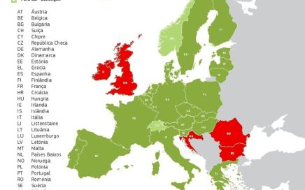 Mapa dos 26 países do Espaço Schengen na Europa