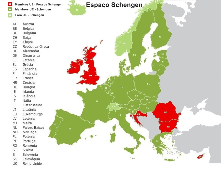 Mapa dos 26 países do Espaço Schengen na Europa