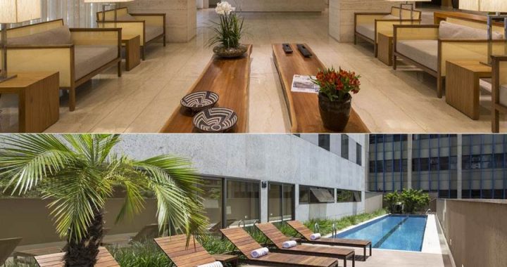 Lobby e piscina do hotel Hilton Garden Inn Belo Horizonte