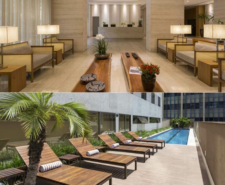 Lobby e piscina do hotel Hilton Garden Inn Belo Horizonte