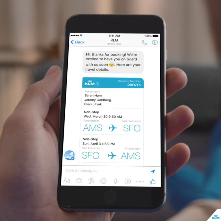 Confirmação de reserva de voo KLM através do Messenger Facebook