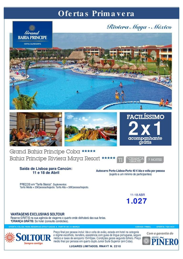 Férias Riviera Maya 2x1 partidas 11 e 18 de Abril a 1027€