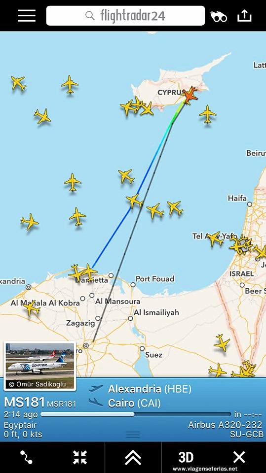 Voo Egyptair aterra em Larnaca sequestrado (Flightradar24)