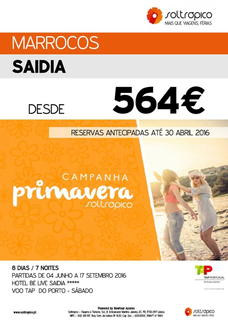 Pacote de férias 1807 para Saidia com partidas do Porto entre 4 de Junho e 17 de Setembro