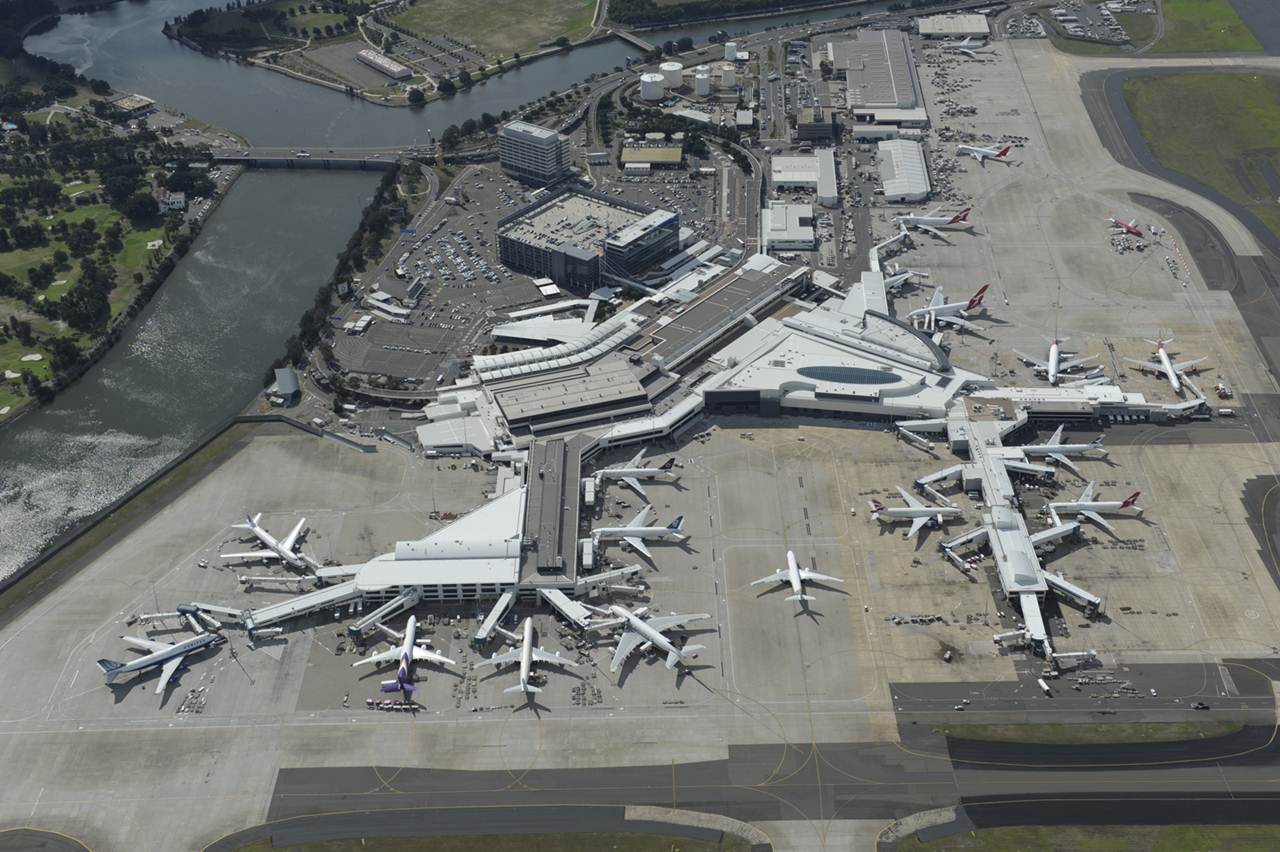 Vista aérea do T1 do aeroporto de Sydney na Austrália