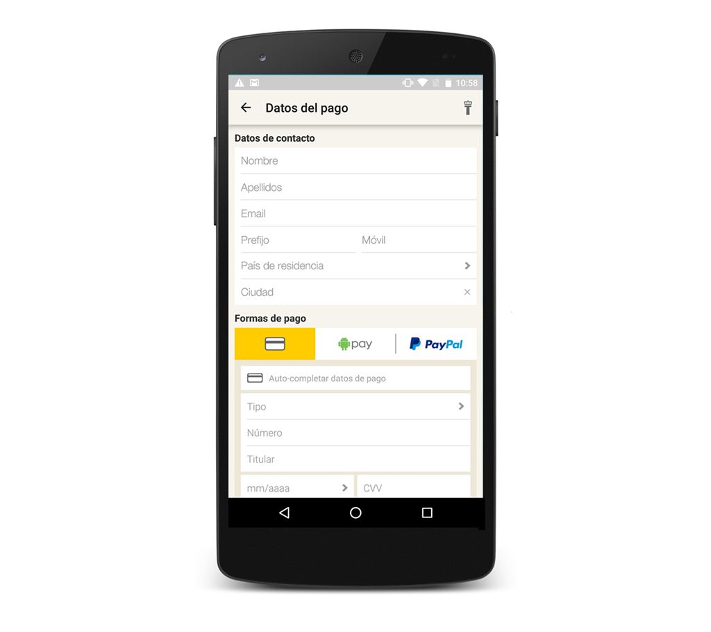 Visor em smartphone do Android Pay na app da Vueling