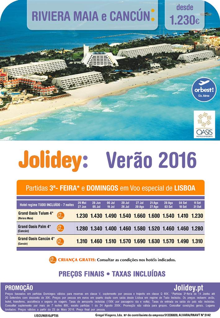 Férias de Verão nos hotéis Oasis em Cancun e Riviera Maia em Julho, Julho, Agosto e Setembro