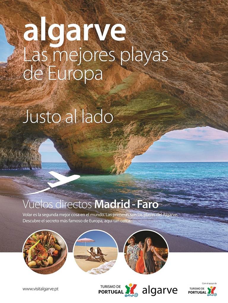 Cartaz promocional da Região de Turismo do Algarve para Espanha com as melhores praias