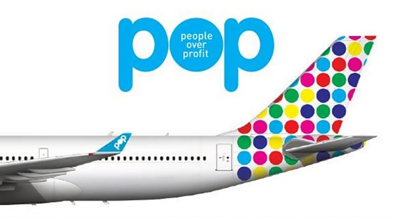 avião e Logo da companhia Aérea People Over Profits (POP)