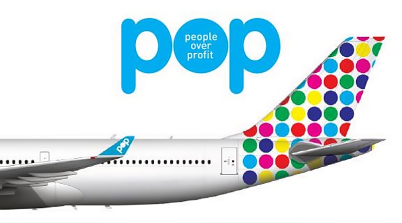 avião e Logo da companhia Aérea People Over Profits (POP)