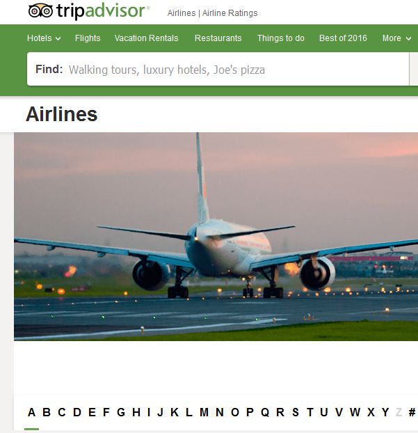 Pagina do site Tripadvisor de comentários às companhias aéreas