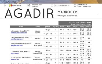 Promoção Féras em Agadir desde 677€ em TI a 20, 27 de Agosto e 3 de Setembro