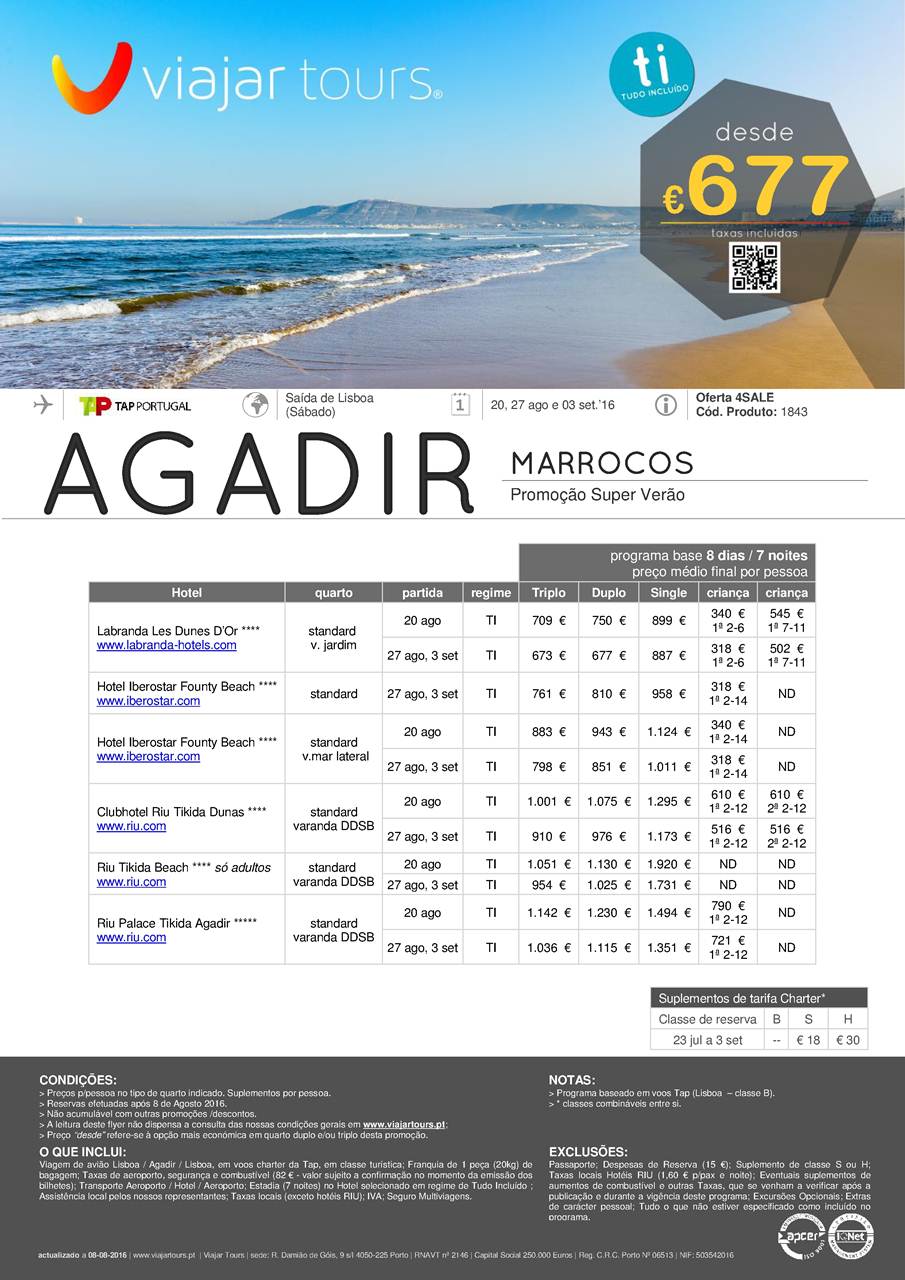 Promoção Féras em Agadir desde 677€ em TI a 20, 27 de Agosto e 3 de Setembro