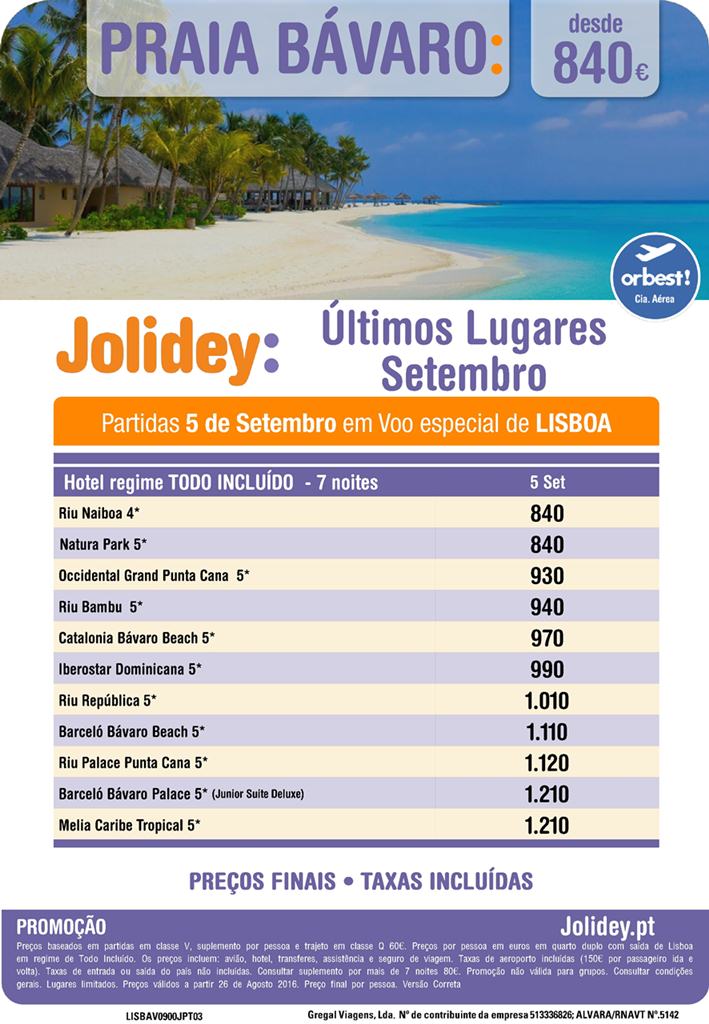 Promoção de férias Jolidey para Punta Cana (Bávaro) partida 5 de Setembro