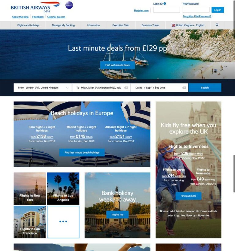 A primeira página do novo site da British Airways em versão Beta