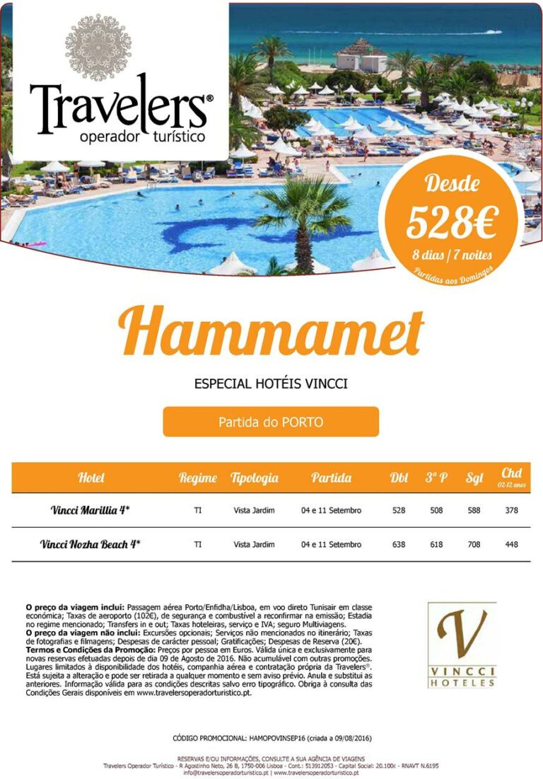 Férias de 7 dias com hotel em Hammamet com viagens desde o Porto a 4 e 11 de Setembro