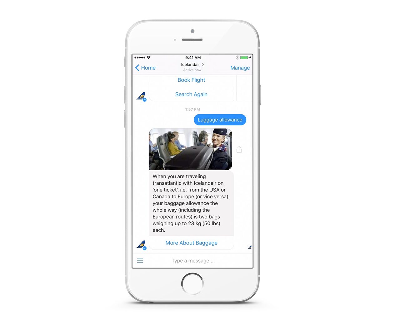 Icelandair Messenger Bot através do facebook num smartphone