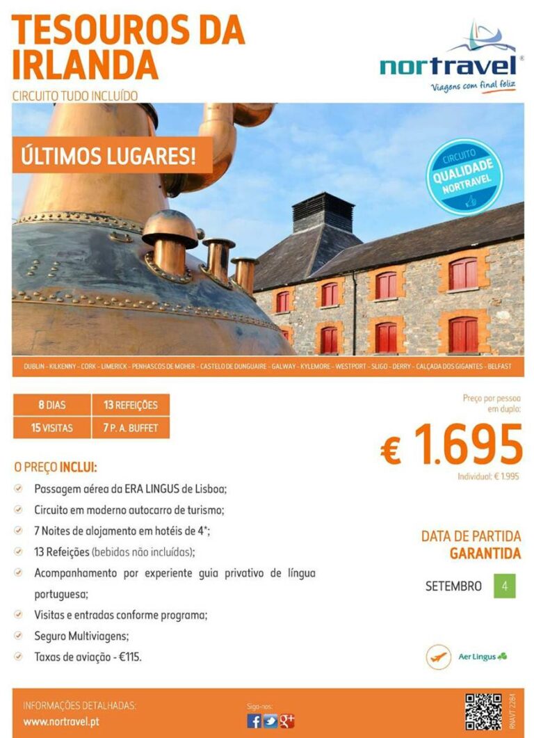 Pacote de viagem em circuito na Irlanda com partida a 4 de Setembro desde Lisboa