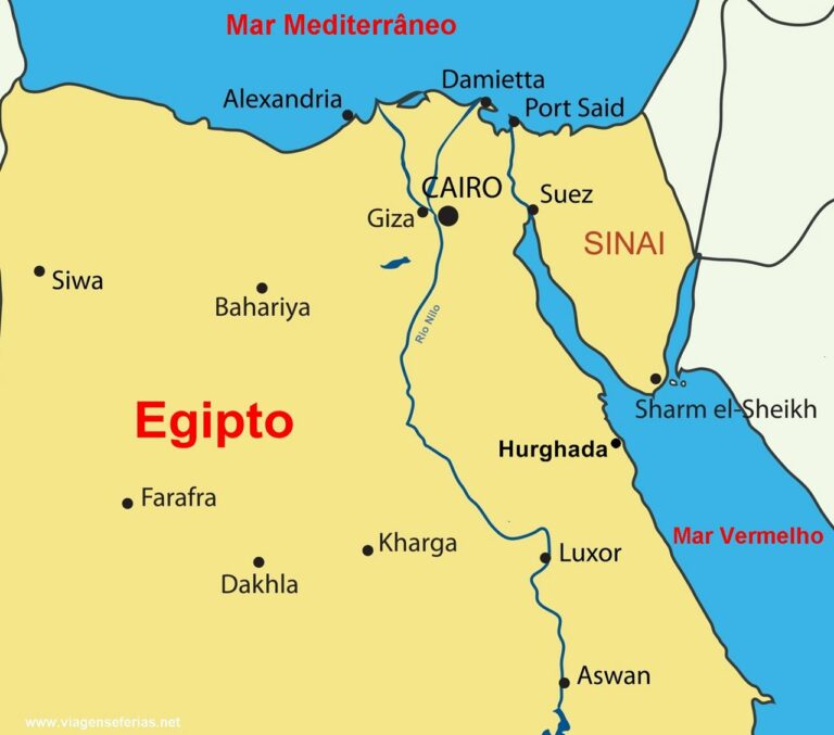 Mapa do Egipto com os resorts de Hurghada e Sharm-el-Sheikh