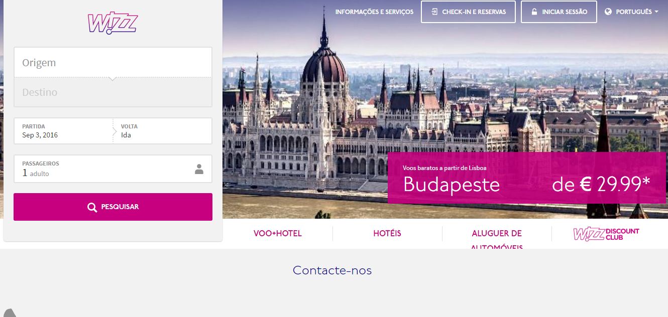 Captura da primeira página do novo site da low cost Wizz Air