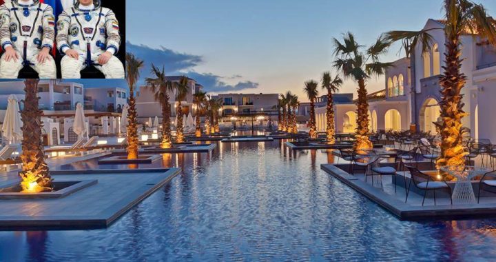 Vista exterior do Anemos Resort em Creta e astronautas
