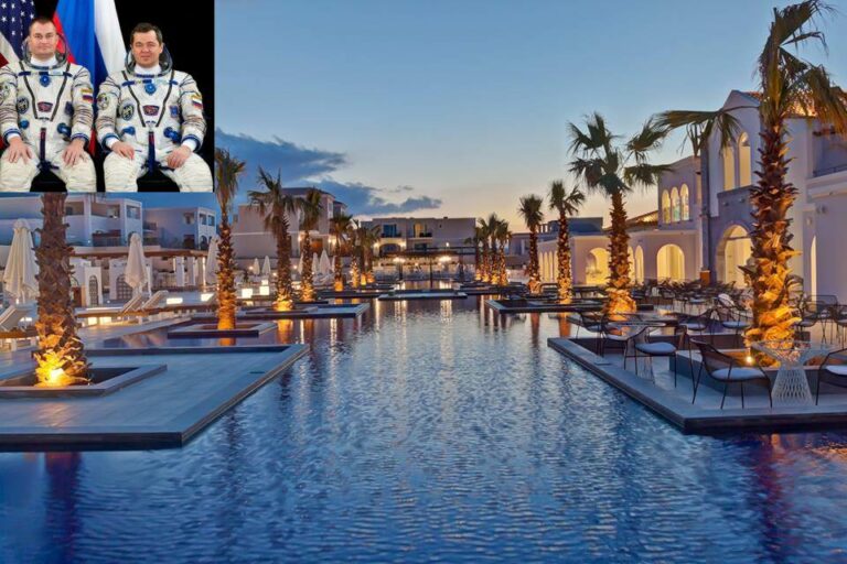 Vista exterior do Anemos Resort em Creta e astronautas