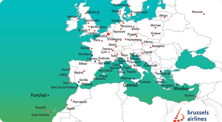 Mapa de rotas da Brussels Airlines no Verão 2017 cm a novidade Madeira