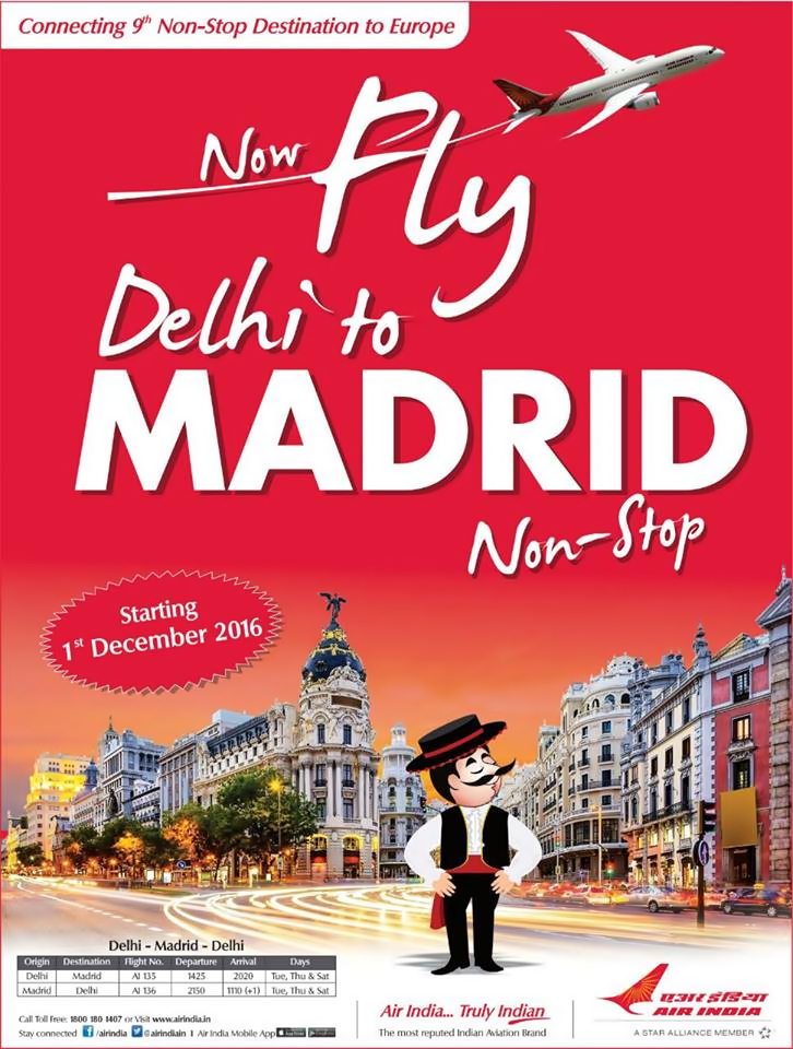 Apresentação dos voos Air India entre Nova Deli e Madrid