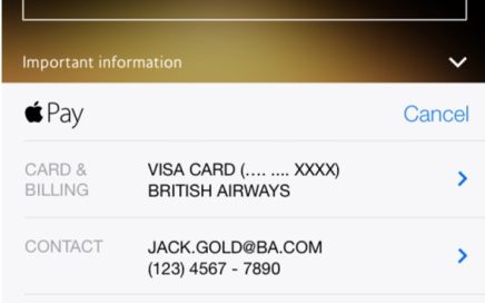 Ecrã d app British Airways com pagamento Apple Pay