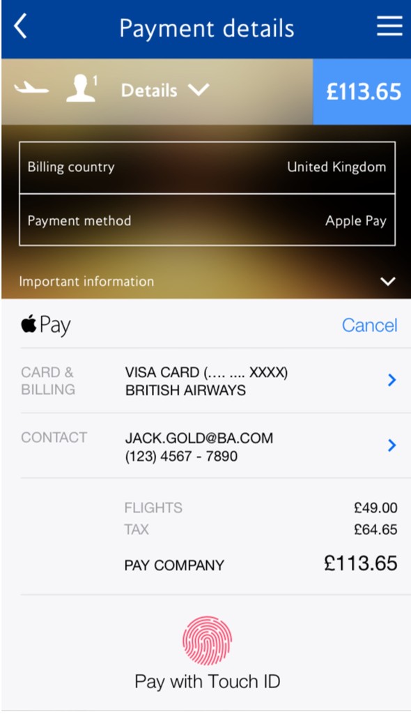 Ecrã d app British Airways com pagamento Apple Pay