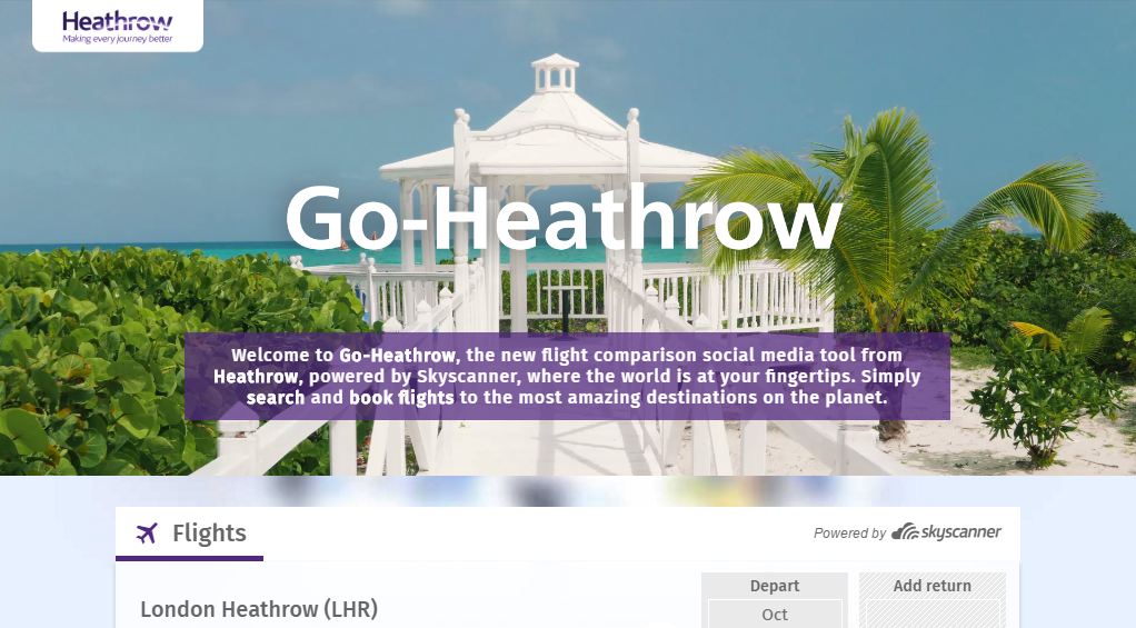 pagina inicial do go-Heathrow ferramenta do Facebook