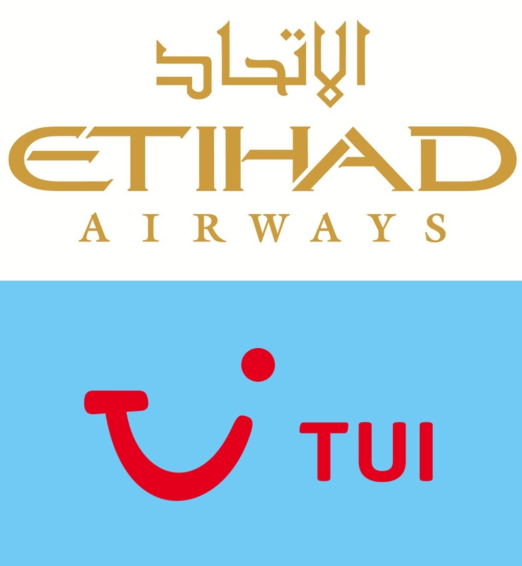 Logo das Companhias Aéreas Etihad Airways e TUI Fly
