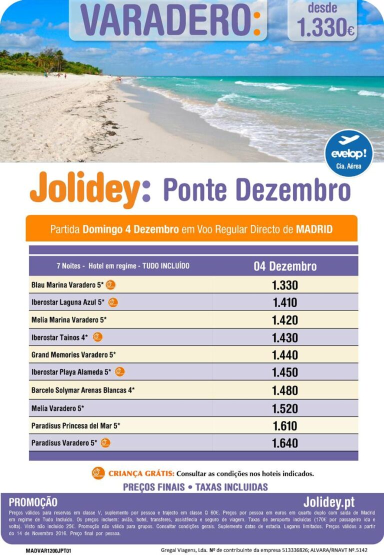 Viagens na ponte de Dezembro pelo Operador Jolidey até Varadero desde 1330€