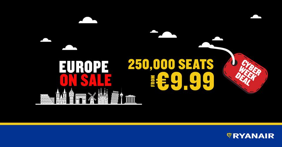 250.000 bilhetes da Ryanair desde 9.99€ na Cyber Week